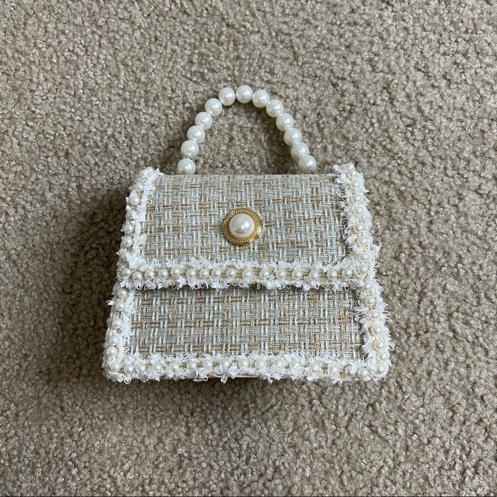 Handbags for Women Top Handle Satchel Shoulder Tweed Pearl Chain Crossbody Bag